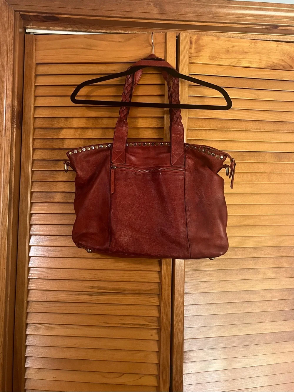 Leather Stud-Trim Tote with Braided Handles - Rust Red